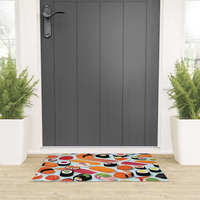 Sushi & Sashimi, Japanese Mob Wife Raw Fish Food Illustration, Delicacy Menu Rice Colorful Eclectic Welcome Mat Gallery Image 3