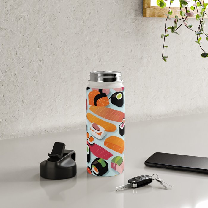 Sushi & Sashimi, Japanese Mob Wife Raw Fish Food Illustration, Delicacy Menu Rice Colorful Eclectic Water Bottle Gallery Image 4