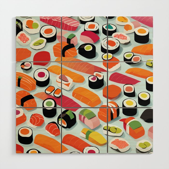 Sushi & Sashimi, Japanese Mob Wife Raw Fish Food Illustration, Delicacy Menu Rice Colorful Eclectic Wood Wall Art Gallery Image 1