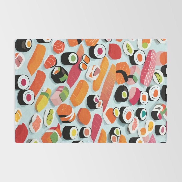 Sushi & Sashimi, Japanese Mob Wife Raw Fish Food Illustration, Delicacy Menu Rice Colorful Eclectic Rug Gallery Image 2