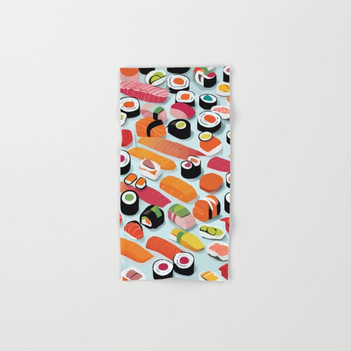 Sushi & Sashimi, Japanese Mob Wife Raw Fish Food Illustration, Delicacy Menu Rice Colorful Eclectic Bath Towel Gallery Image 1