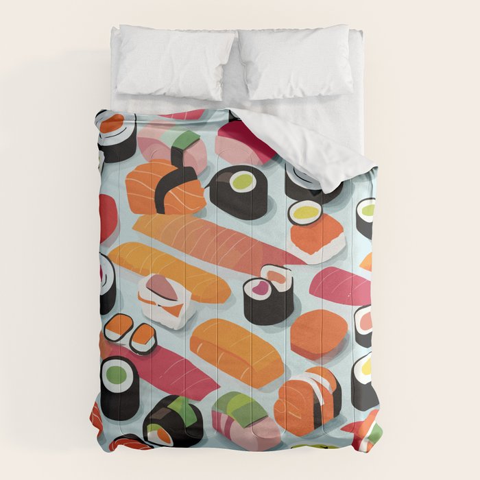 Sushi & Sashimi, Japanese Mob Wife Raw Fish Food Illustration, Delicacy Menu Rice Colorful Eclectic Comforter Gallery Image 6