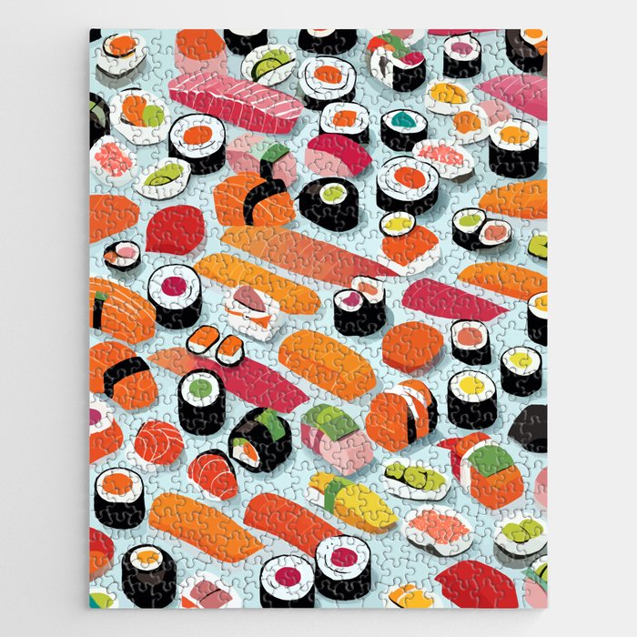Sushi & Sashimi, Japanese Mob Wife Raw Fish Food Illustration, Delicacy Menu Rice Colorful Eclectic Jigsaw Puzzle Gallery Image 1