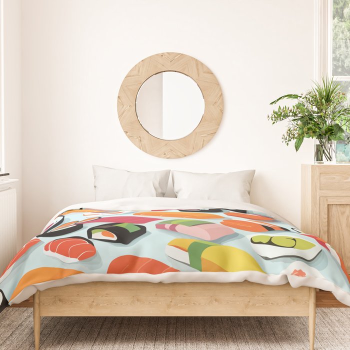 Sushi & Sashimi, Japanese Mob Wife Raw Fish Food Illustration, Delicacy Menu Rice Colorful Eclectic Duvet Cover Gallery Image 3