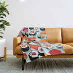 Sushi & Sashimi, Japanese Mob Wife Raw Fish Food Illustration, Delicacy Menu Rice Colorful Eclectic Throw Blanket Gallery Image 1
