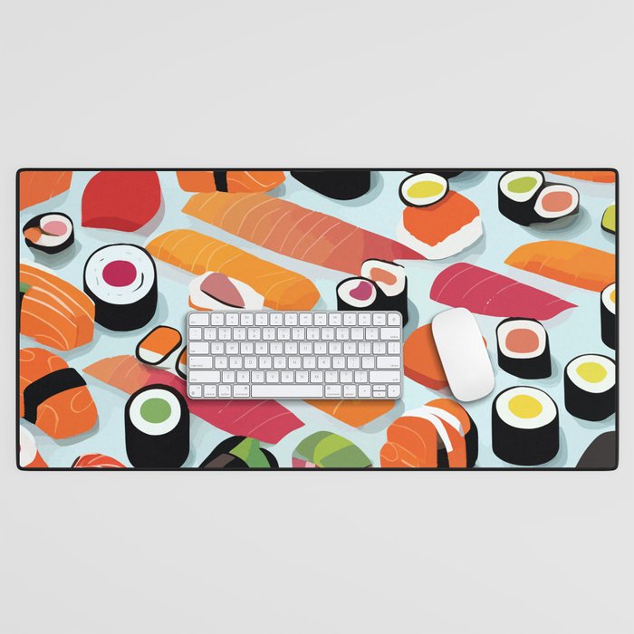 Sushi & Sashimi, Japanese Mob Wife Raw Fish Food Illustration, Delicacy Menu Rice Colorful Eclectic Desk Mat Gallery Image 1