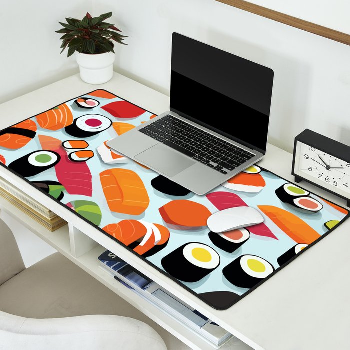 Sushi & Sashimi, Japanese Mob Wife Raw Fish Food Illustration, Delicacy Menu Rice Colorful Eclectic Desk Mat Gallery Image 2