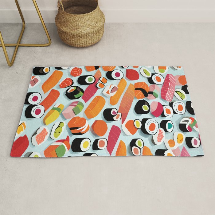 Sushi & Sashimi, Japanese Mob Wife Raw Fish Food Illustration, Delicacy Menu Rice Colorful Eclectic Rug Gallery Image 1