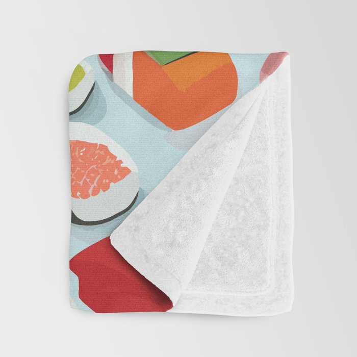 Sushi & Sashimi, Japanese Mob Wife Raw Fish Food Illustration, Delicacy Menu Rice Colorful Eclectic Throw Blanket Gallery Image 3