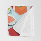Sushi & Sashimi, Japanese Mob Wife Raw Fish Food Illustration, Delicacy Menu Rice Colorful Eclectic Throw Blanket Gallery Image 3