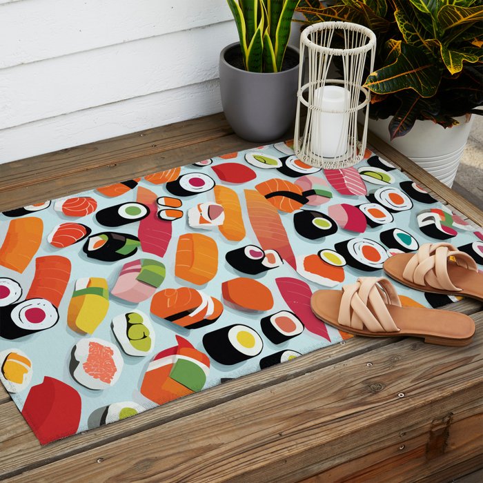 Sushi & Sashimi, Japanese Mob Wife Raw Fish Food Illustration, Delicacy Menu Rice Colorful Eclectic Outdoor Rug Gallery Image 2