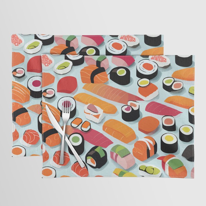 Sushi & Sashimi, Japanese Mob Wife Raw Fish Food Illustration, Delicacy Menu Rice Colorful Eclectic Placemat Gallery Image 1