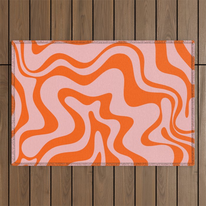 Groovy Retro Liquid Swirl Abstract Orange and Pink Pattern Outdoor Rug Gallery Image 1