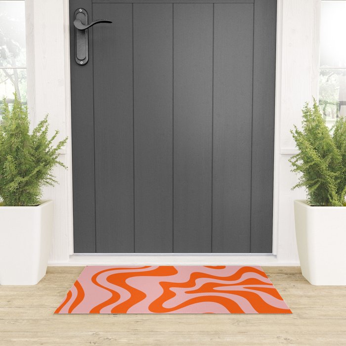 Groovy Retro Liquid Swirl Abstract Orange and Pink Pattern Welcome Mat Gallery Image 3