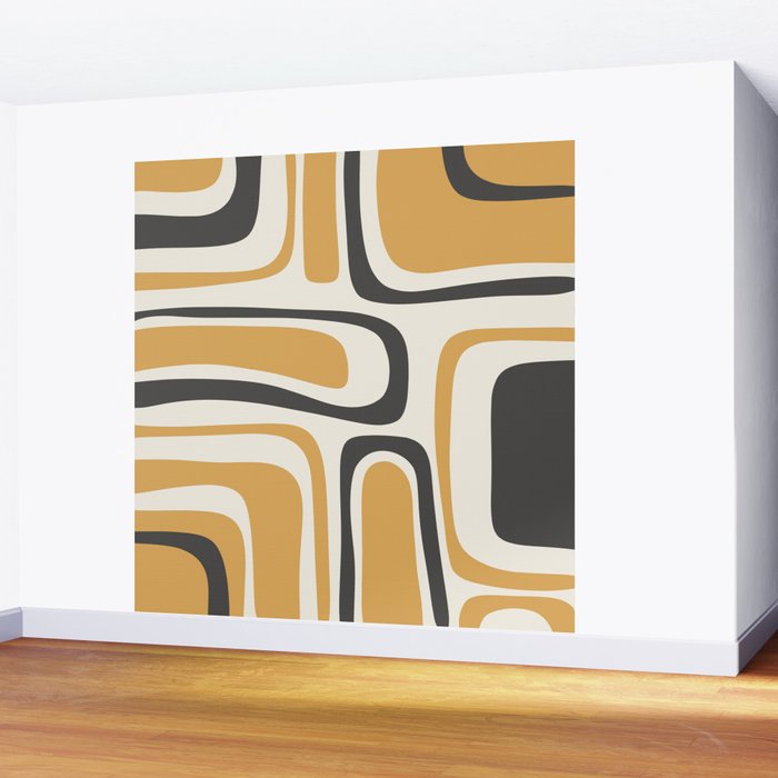 Palm Springs Mid Century Modern Abstract in Muted Mustard Gold, Charcoal Gray, and Cream Wall Mural Gallery Image 2