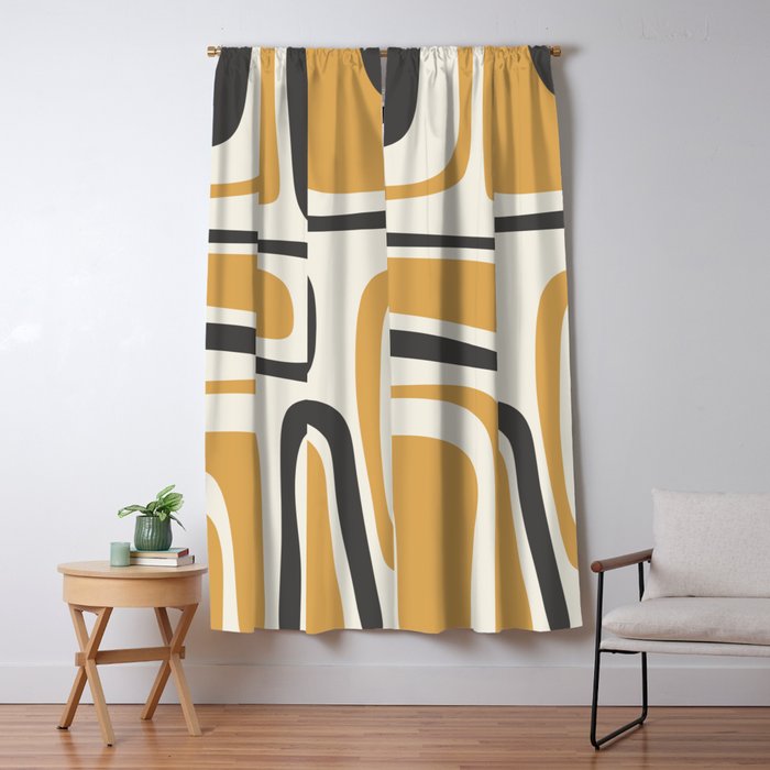 Palm Springs Mid Century Modern Abstract in Muted Mustard Gold, Charcoal Gray, and Cream Window Curtain Gallery Image 5
