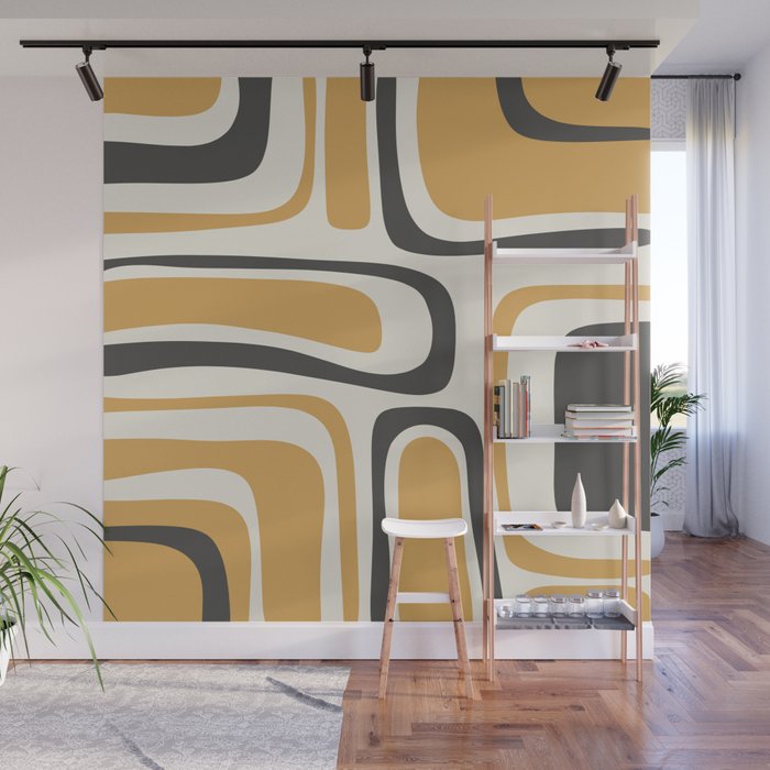 Palm Springs Mid Century Modern Abstract in Muted Mustard Gold, Charcoal Gray, and Cream Wall Mural Gallery Image 1