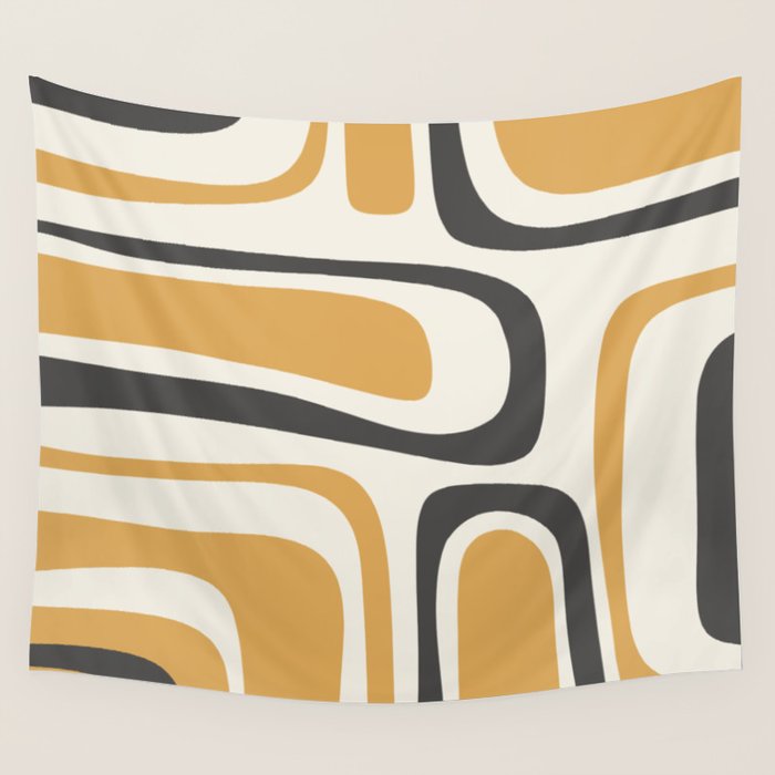 Palm Springs Mid Century Modern Abstract in Muted Mustard Gold, Charcoal Gray, and Cream Wall Tapestry Gallery Image 1