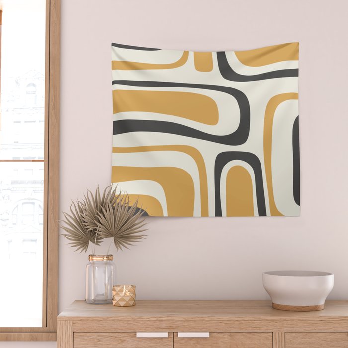 Palm Springs Mid Century Modern Abstract in Muted Mustard Gold, Charcoal Gray, and Cream Wall Tapestry Gallery Image 2