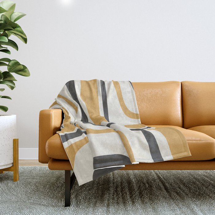 Palm Springs Mid Century Modern Abstract in Muted Mustard Gold, Charcoal Gray, and Cream Throw Blanket Gallery Image 1