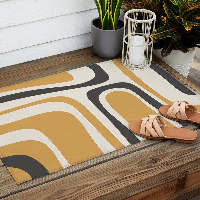 Palm Springs Mid Century Modern Abstract in Muted Mustard Gold, Charcoal Gray, and Cream Outdoor Rug Gallery Image 2