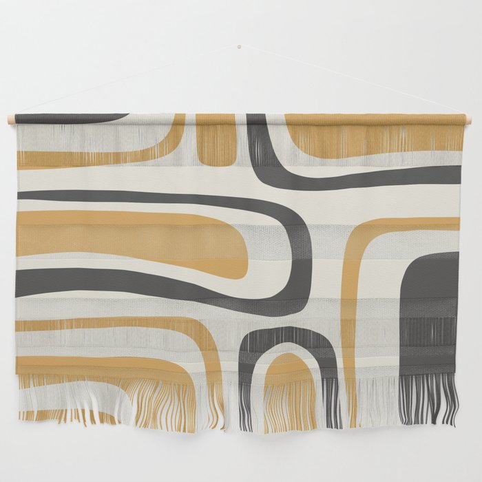 Palm Springs Mid Century Modern Abstract in Muted Mustard Gold, Charcoal Gray, and Cream Wall Hanging Gallery Image 1