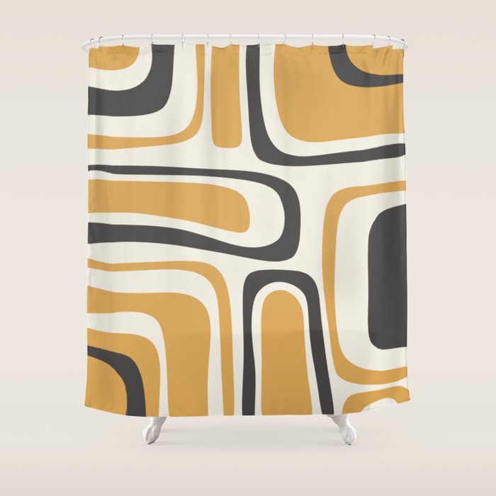 Palm Springs Mid Century Modern Abstract in Muted Mustard Gold, Charcoal Gray, and Cream Shower Curtain Gallery Image 1
