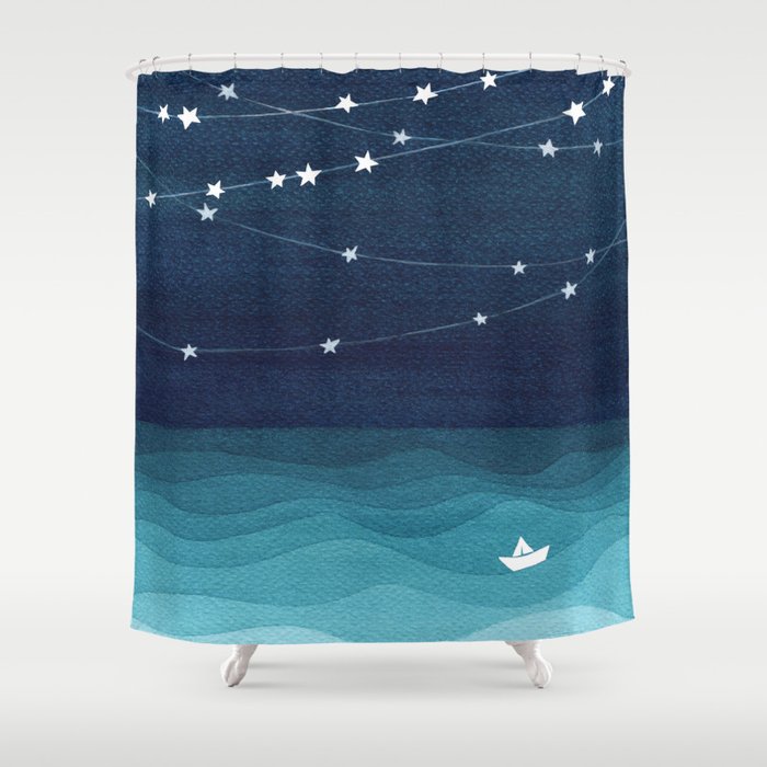 Garlands of stars, watercolor teal ocean Shower Curtain Gallery Image 1
