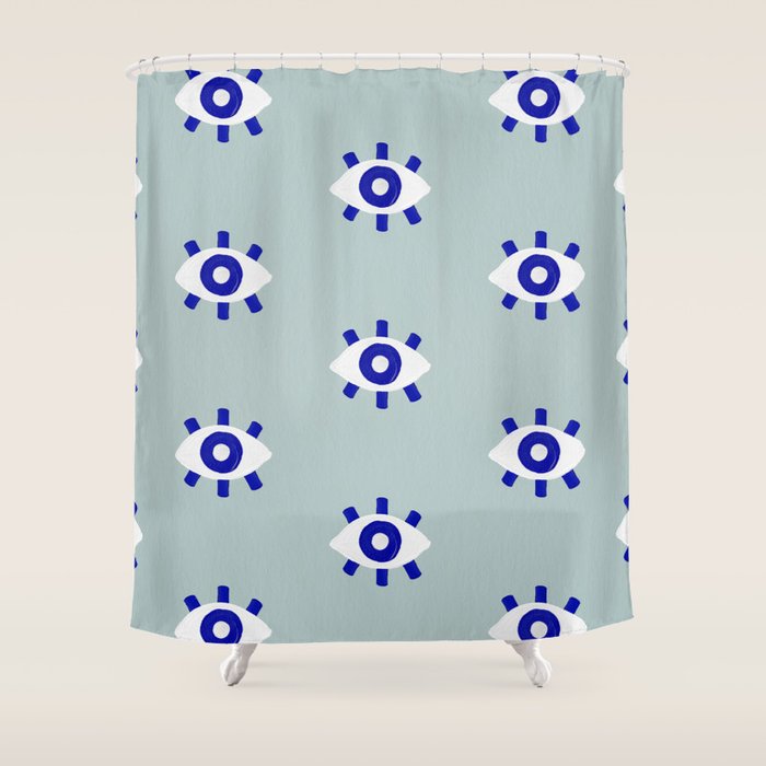Evil Eye Dots - Mint & Navy Shower Curtain Gallery Image 1