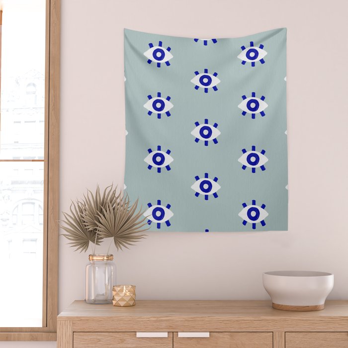Evil Eye Dots - Mint & Navy Wall Tapestry Gallery Image 2
