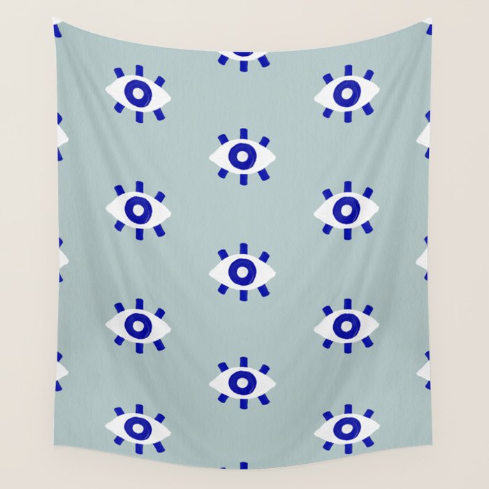 Evil Eye Dots - Mint & Navy Wall Tapestry Gallery Image 1
