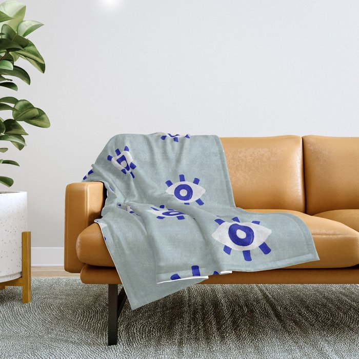 Evil Eye Dots - Mint & Navy Throw Blanket Gallery Image 1