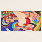 The Feminist, Women Rights Abstract Portrait Eclectic Painting, Modern Bohemian Brown Woman Nude Colorful Desk Mat Gallery Image 3