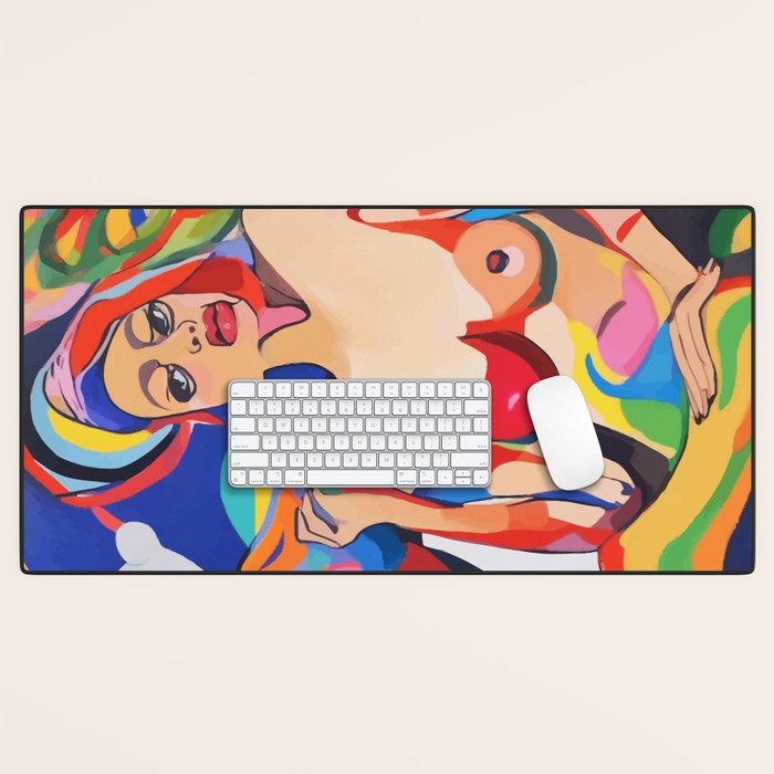 The Feminist, Women Rights Abstract Portrait Eclectic Painting, Modern Bohemian Brown Woman Nude Colorful Desk Mat Gallery Image 1
