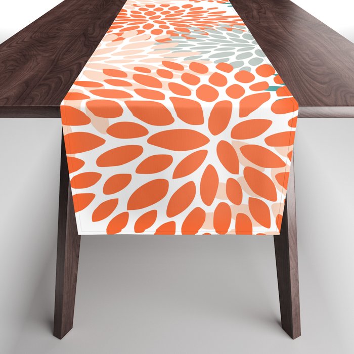 Floral Blooms, Orange, Teal, Gray Table Runner Gallery Image 1