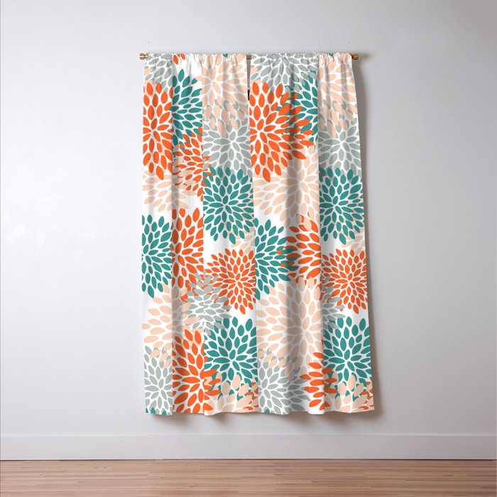 Floral Blooms, Orange, Teal, Gray Window Curtain Gallery Image 3