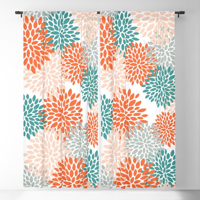 Floral Blooms, Orange, Teal, Gray Window Curtain Gallery Image 5