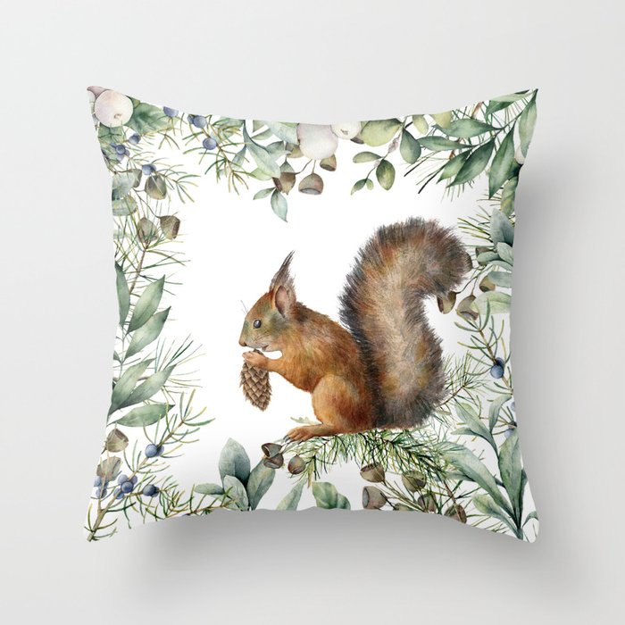 Cute Squirrel and Woodland, Watercolor Throw Pillow Gallery Image 1