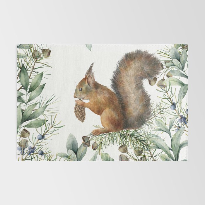 Cute Squirrel and Woodland, Watercolor Rug Gallery Image 2