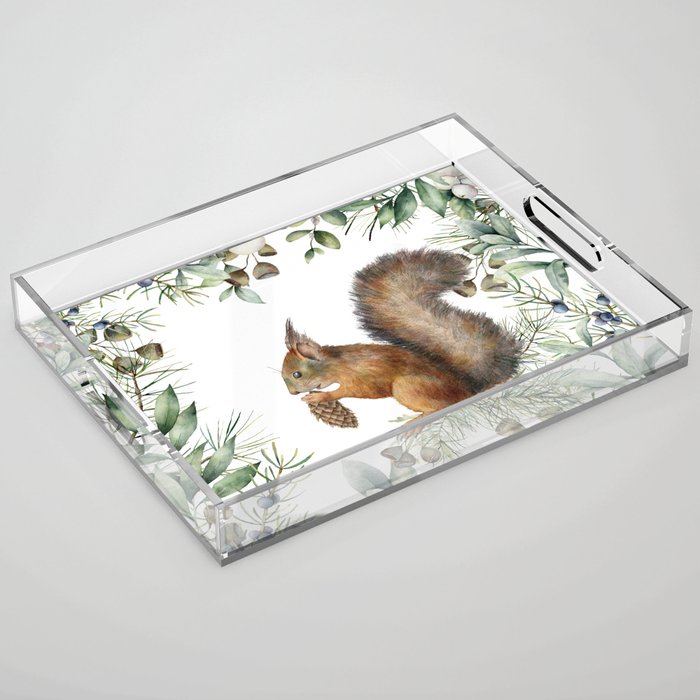 Cute Squirrel and Woodland, Watercolor Acrylic Tray Gallery Image 1