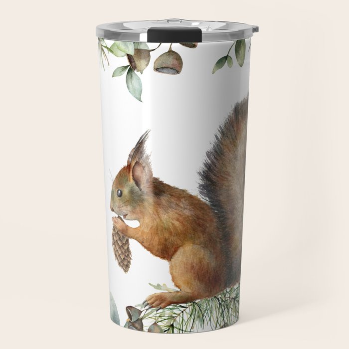 Cute Squirrel and Woodland, Watercolor Travel Mug Gallery Image 1