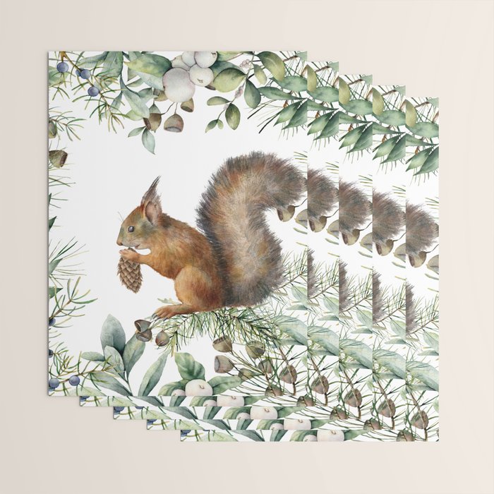 Cute Squirrel and Woodland, Watercolor Wrapping Paper Gallery Image 3