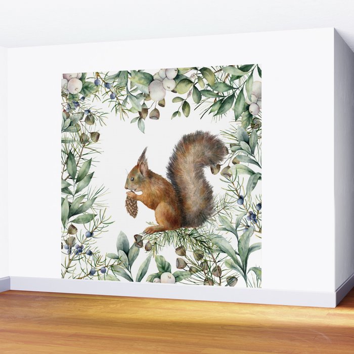 Cute Squirrel and Woodland, Watercolor Wall Mural Gallery Image 2