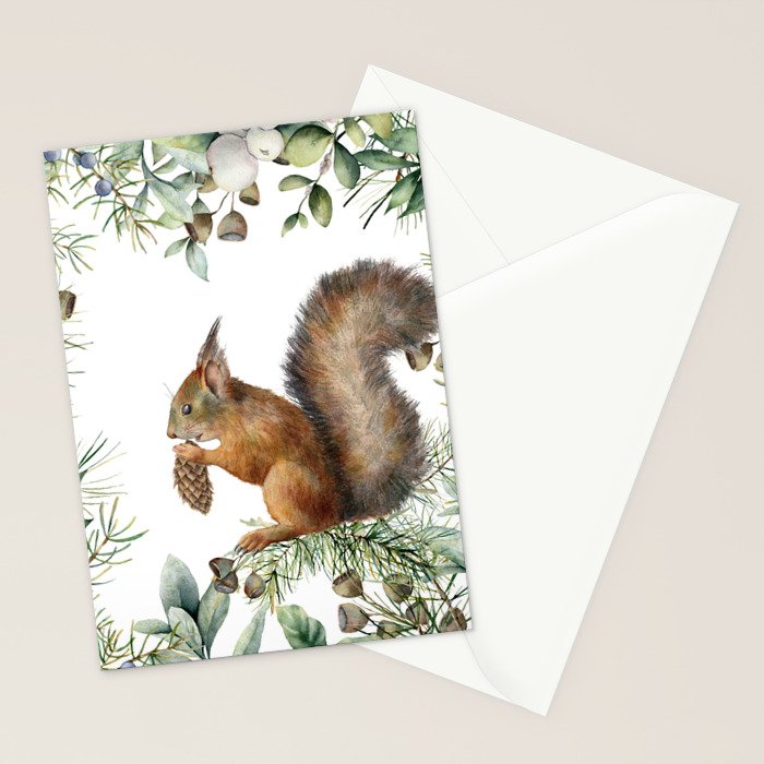 Cute Squirrel and Woodland, Watercolor Stationery Card Gallery Image 2