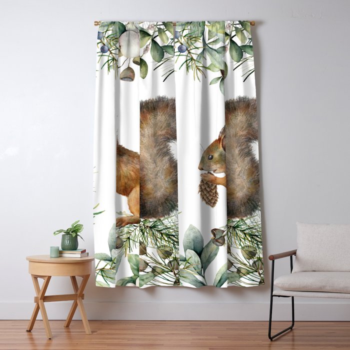 Cute Squirrel and Woodland, Watercolor Window Curtain Gallery Image 5