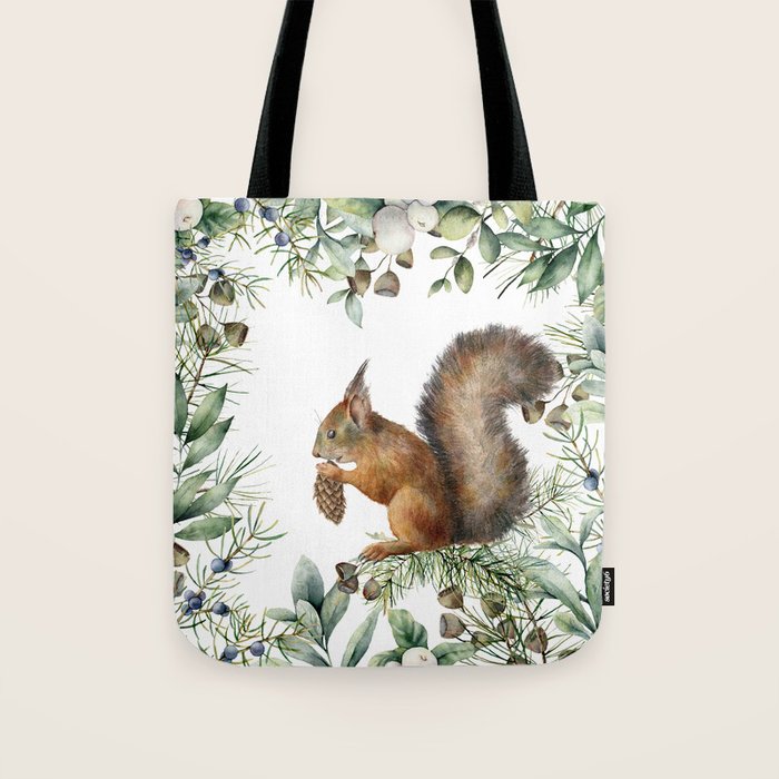 Cute Squirrel and Woodland, Watercolor Tote Bag Gallery Image 1