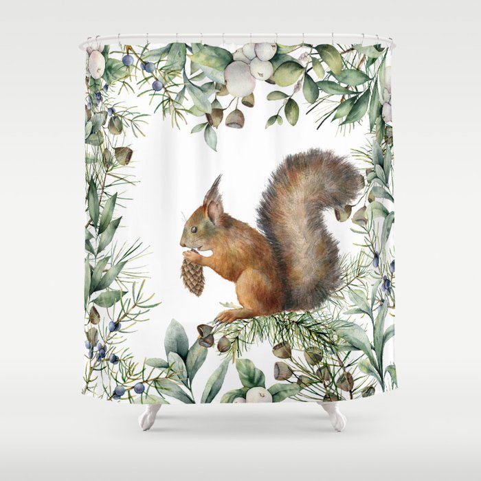 Cute Squirrel and Woodland, Watercolor Shower Curtain Gallery Image 1