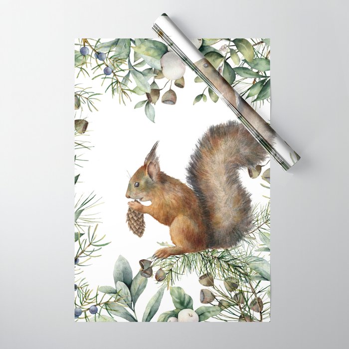 Cute Squirrel and Woodland, Watercolor Wrapping Paper Gallery Image 1