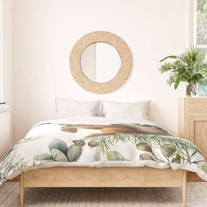 Cute Squirrel and Woodland, Watercolor Duvet Cover Gallery Image 3
