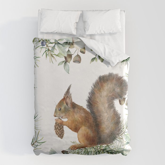 Cute Squirrel and Woodland, Watercolor Duvet Cover Gallery Image 6